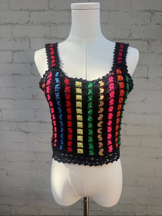 Alice + Olivia Lorri Crochet Tank Top Black / Multi Size S - Picture 6 of 14
